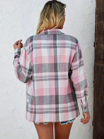Women's Oversized Plaid Flannel Long Sleeve Button-Up Shirt - Lifestyle & Model Angle | Lavisa