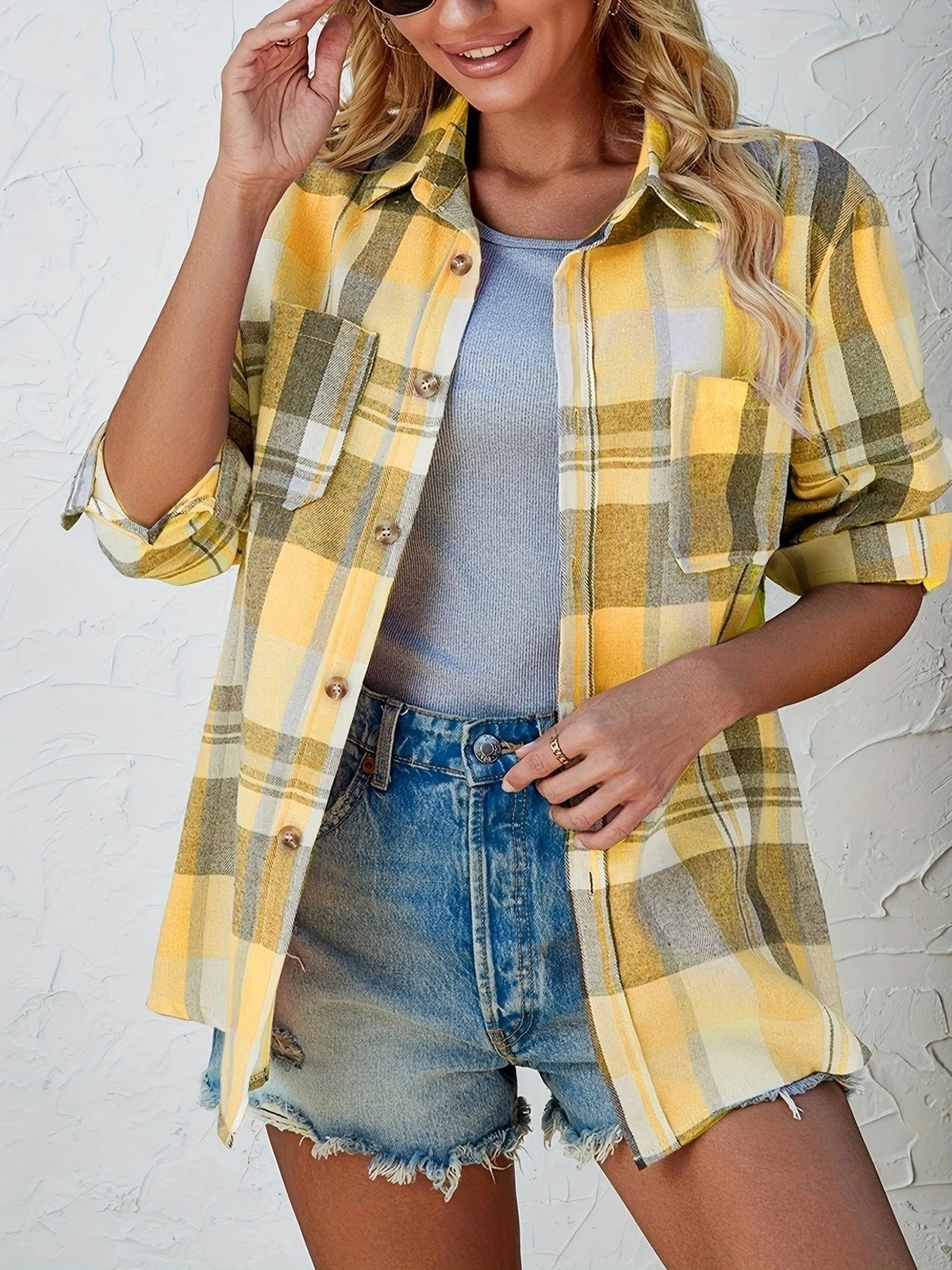 Women's Oversized Plaid Flannel Long Sleeve Button-Up Shirt - Variant Style 8 | Lavisa