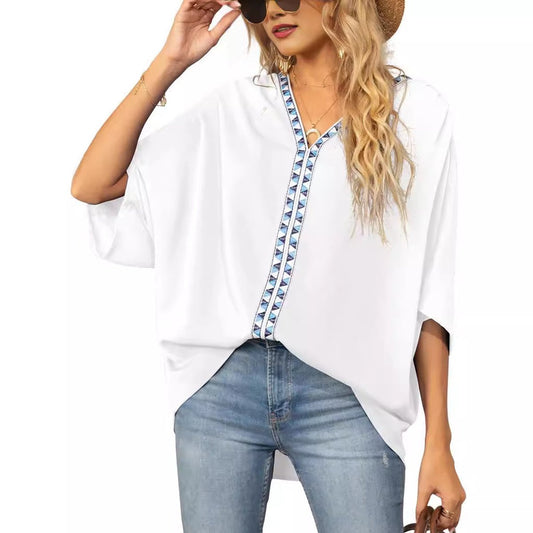 Lavisa - Women's Oversized V-Neck Geometric Trim Relaxed Tunic Top