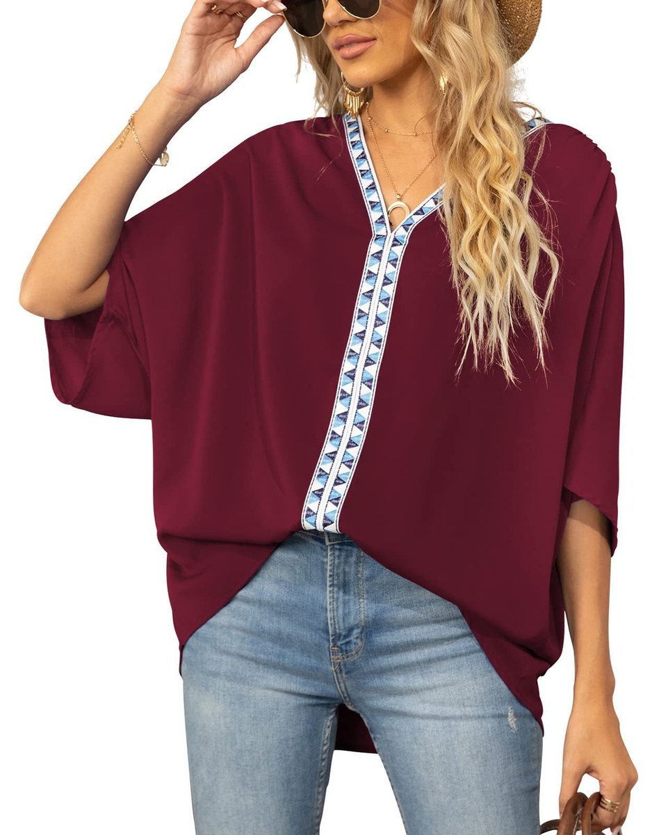 Women's Oversized V-Neck Geometric Trim Relaxed Tunic Top - Variant Style 10 | Lavisa