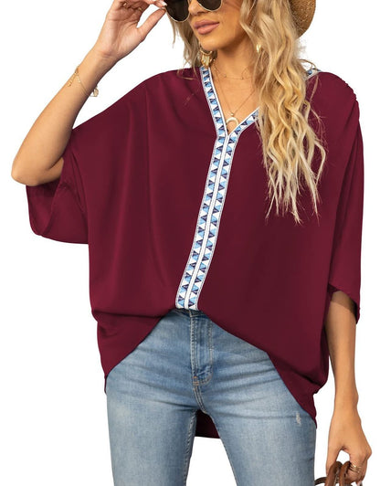 Women's Oversized V-Neck Geometric Trim Relaxed Tunic Top - Variant Style 10 | Lavisa