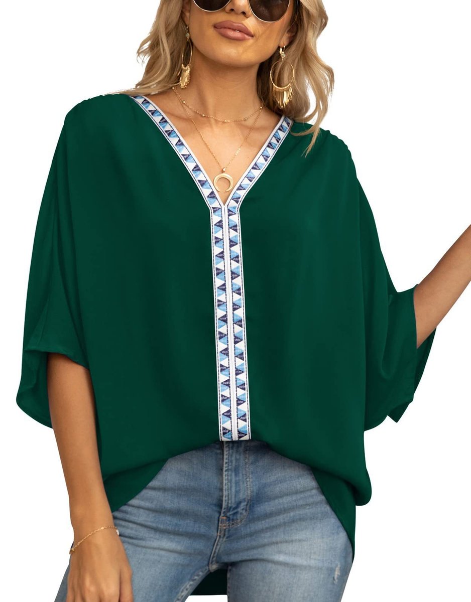 Women's Oversized V-Neck Geometric Trim Relaxed Tunic Top - Variant Style 11 | Lavisa