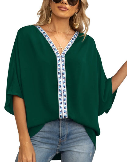 Women's Oversized V-Neck Geometric Trim Relaxed Tunic Top - Variant Style 11 | Lavisa