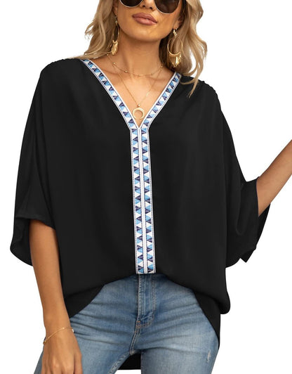Women's Oversized V-Neck Geometric Trim Relaxed Tunic Top - Back View | Lavisa
