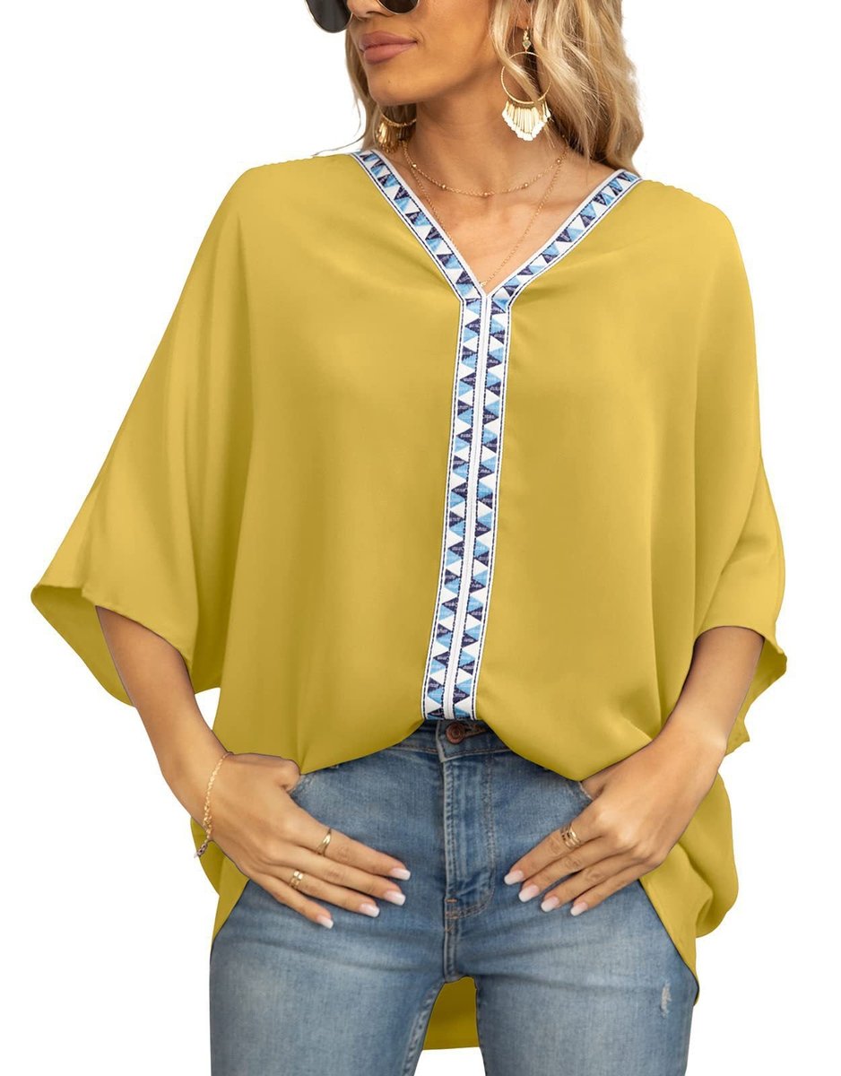 Women's Oversized V-Neck Geometric Trim Relaxed Tunic Top - Close-Up Texture & Detail | Lavisa