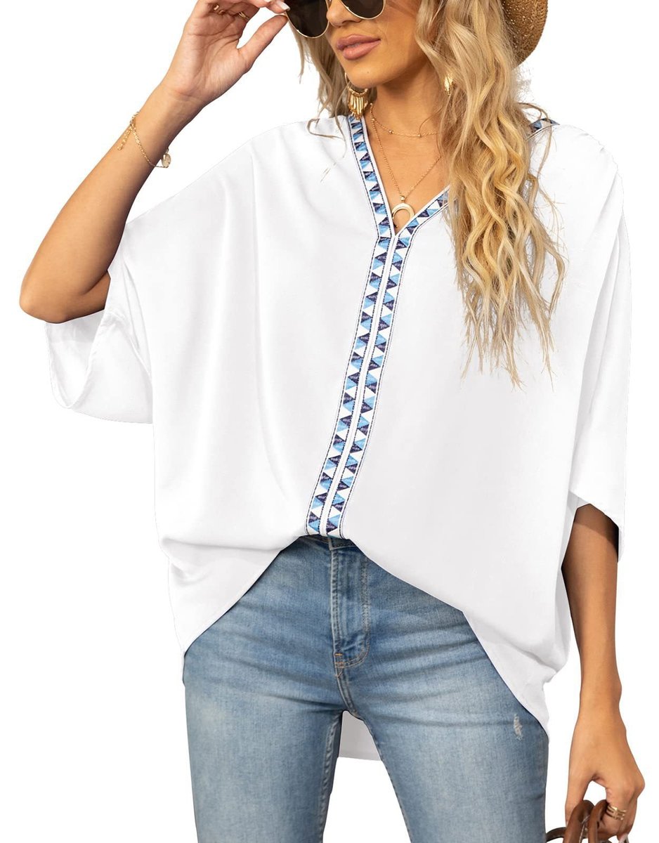 Women's Oversized V-Neck Geometric Trim Relaxed Tunic Top - Sole & Material View | Lavisa