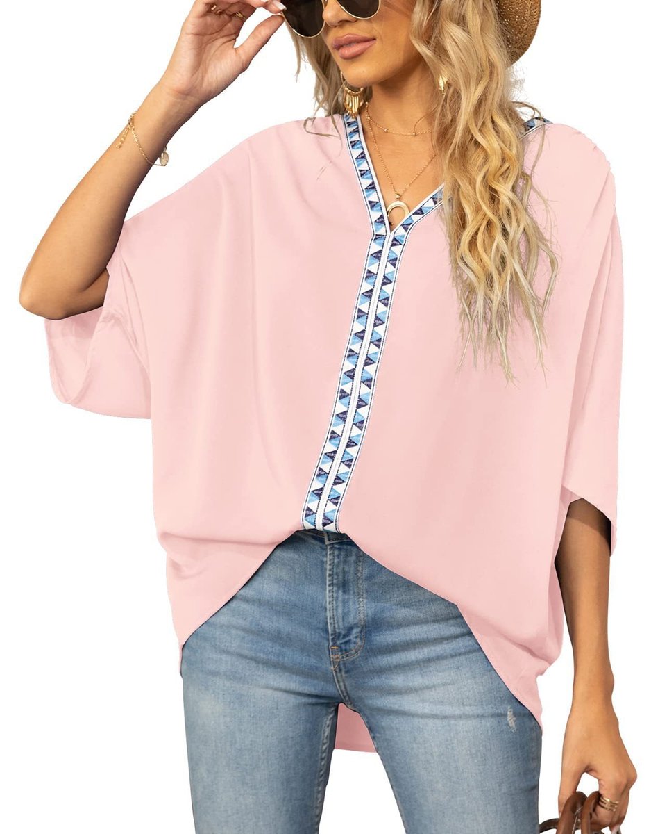 Women's Oversized V-Neck Geometric Trim Relaxed Tunic Top - Lifestyle & Model Angle | Lavisa