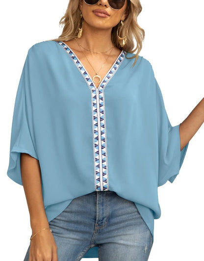 Women's Oversized V-Neck Geometric Trim Relaxed Tunic Top - Variant Angle | Lavisa