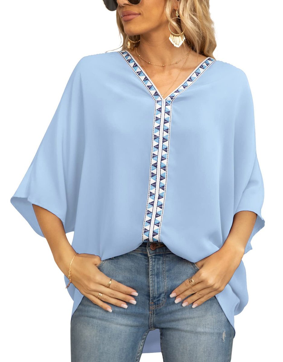Women's Oversized V-Neck Geometric Trim Relaxed Tunic Top - Variant Style 9 | Lavisa