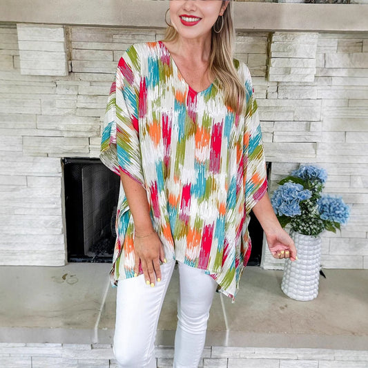 Lavisa - Women's Oversized V-Neck Multicolour Print Relaxed Tunic Top