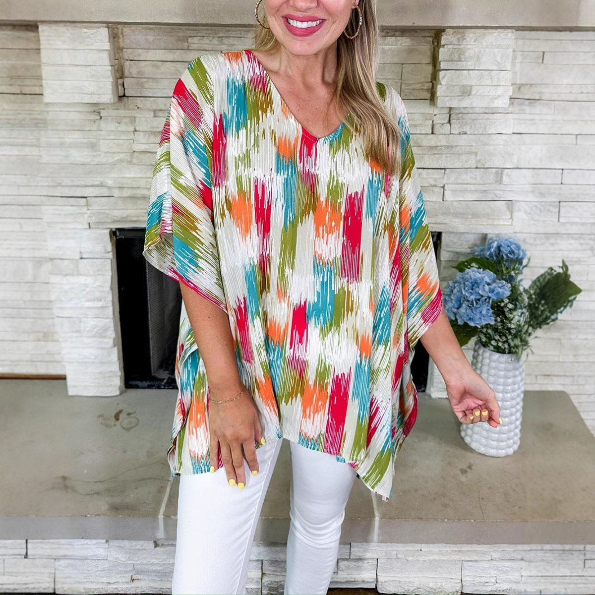Women's Oversized V-Neck Multicolour Print Relaxed Tunic Top - Side Angle | Lavisa