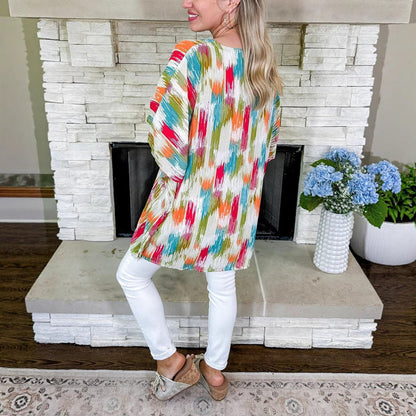 Women's Oversized V-Neck Multicolour Print Relaxed Tunic Top - Back View | Lavisa
