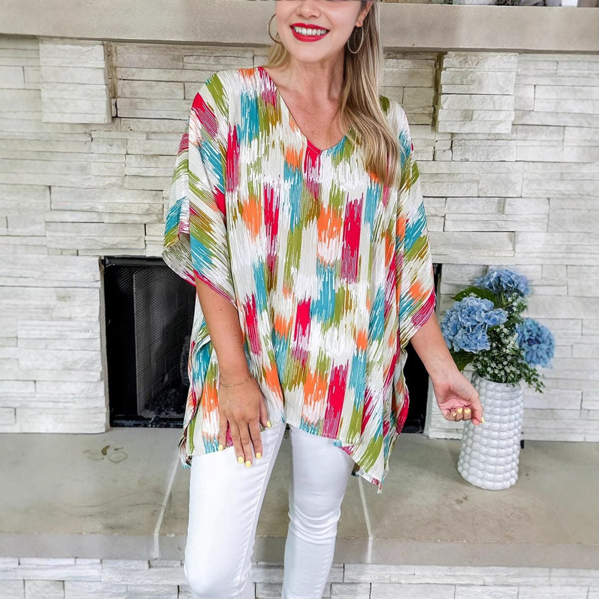 Women's Oversized V-Neck Multicolour Print Relaxed Tunic Top - Close-Up Texture & Detail | Lavisa