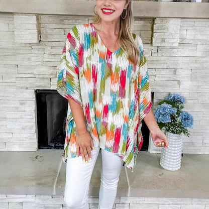 Women's Oversized V-Neck Multicolour Print Relaxed Tunic Top - Close-Up Texture & Detail | Lavisa