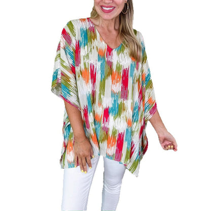 Women's Oversized V-Neck Multicolour Print Relaxed Tunic Top - Sole & Material View | Lavisa