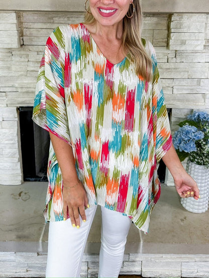 Women's Oversized V-Neck Multicolour Print Relaxed Tunic Top - Lifestyle & Model Angle | Lavisa