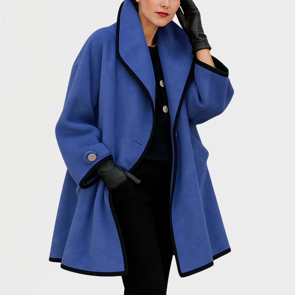 Women's Oversized Wool-Blend Swing Coat Black Contrast Trim - Front View | Lavisa