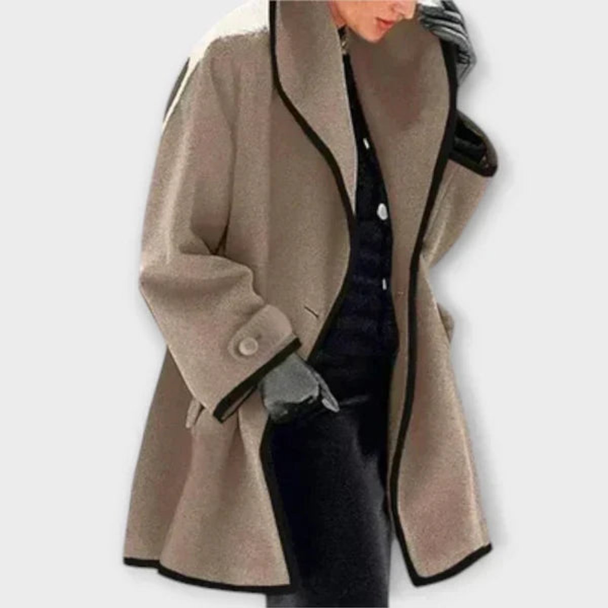 Women's Oversized Wool-Blend Swing Coat Black Contrast Trim - Close-Up Texture & Detail | Lavisa