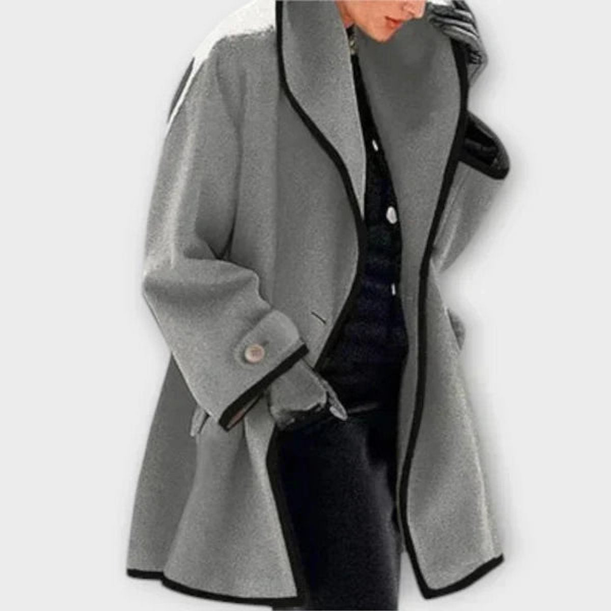 Women's Oversized Wool-Blend Swing Coat Black Contrast Trim - Sole & Material View | Lavisa