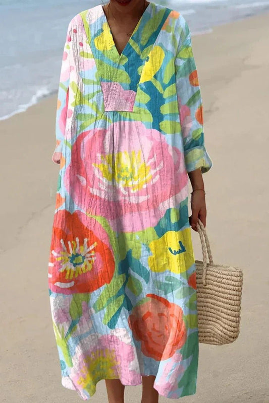 Lavisa - Women's Painterly Floral Linen V-Neck Long Sleeve Oversized Maxi Dress