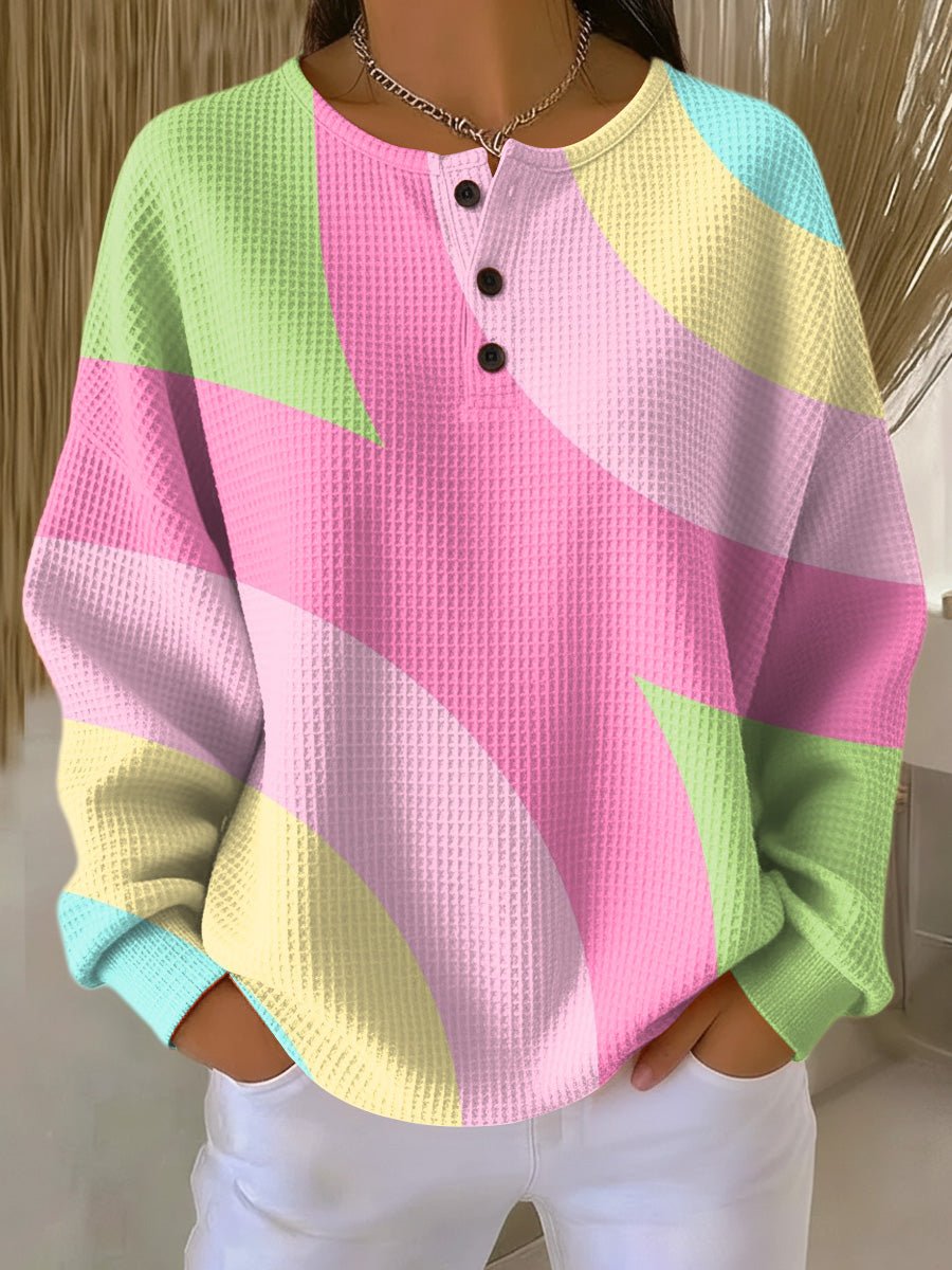 Women's Pastel Colour Block Waffle Knit Henley Pullover Sweater | Lavisa