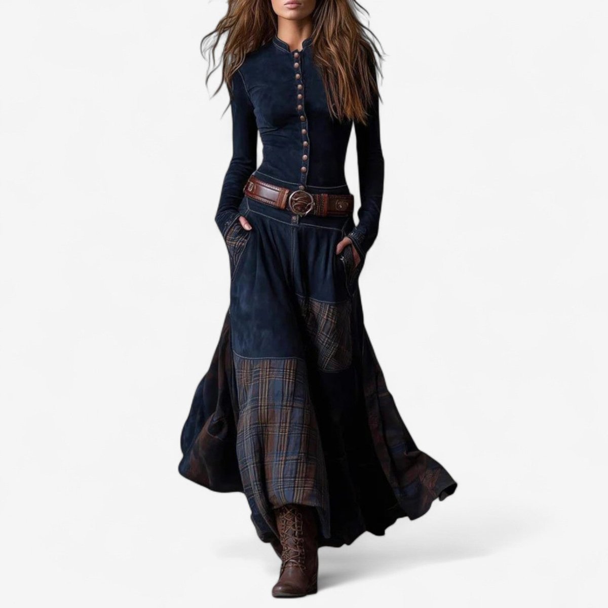 Patchwork Plaid Button Front Maxi Dress - Front View | Lavisa
