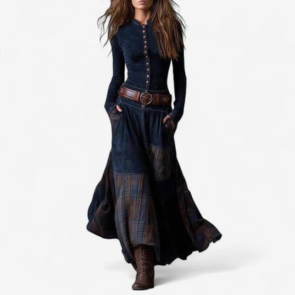 Patchwork Plaid Button Front Maxi Dress - Front View | Lavisa
