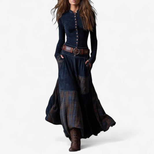 Patchwork Plaid Button Front Maxi Dress - Front View | Lavisa