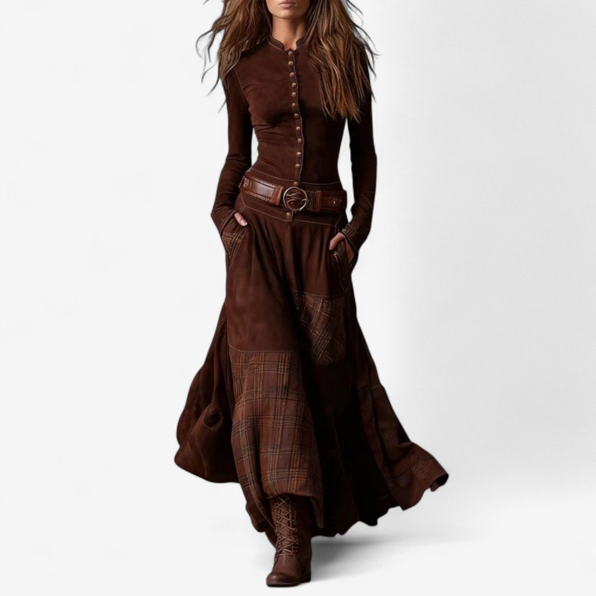 Patchwork Plaid Button Front Maxi Dress - Sole & Material View | Lavisa