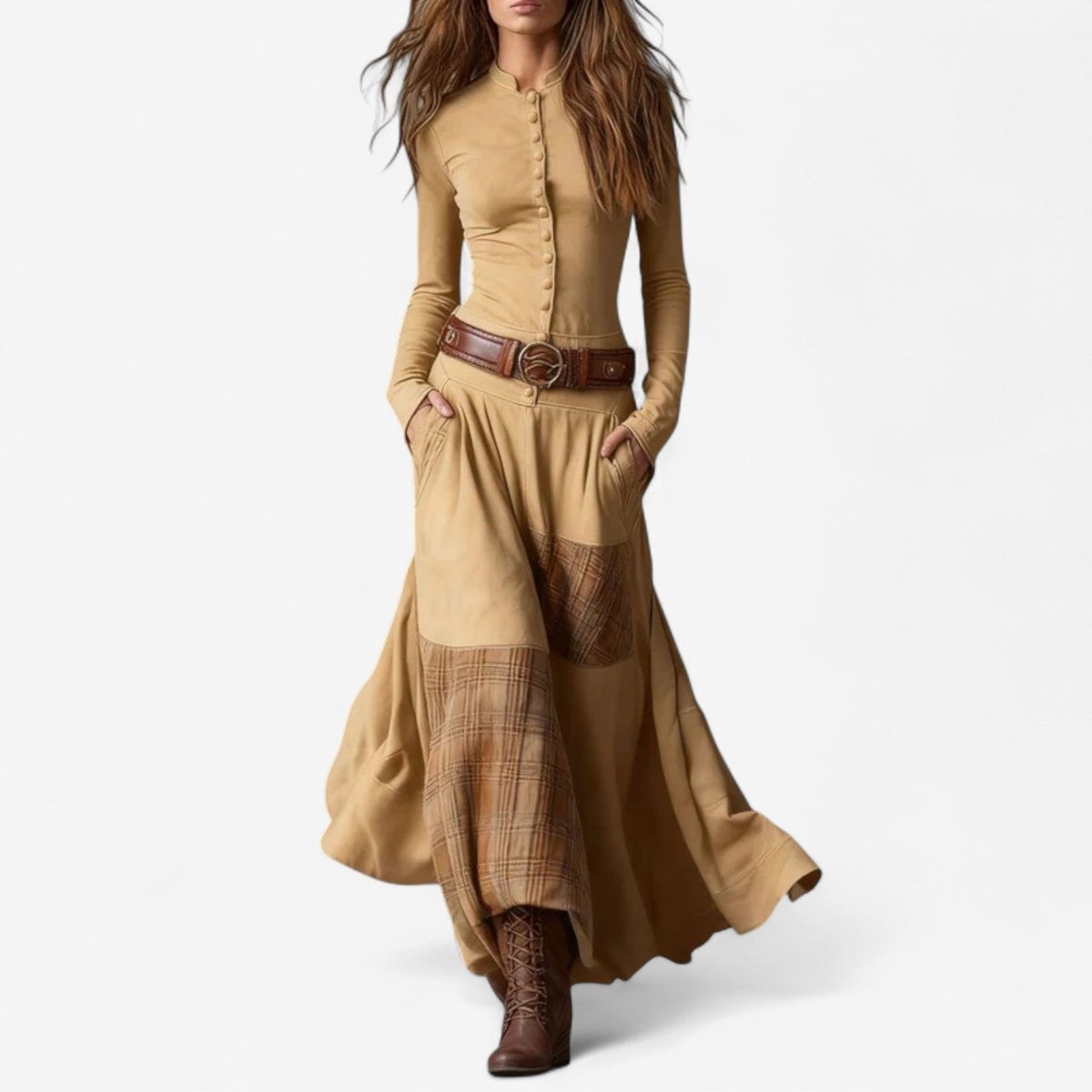 Patchwork Plaid Button Front Maxi Dress - Lifestyle & Model Angle | Lavisa