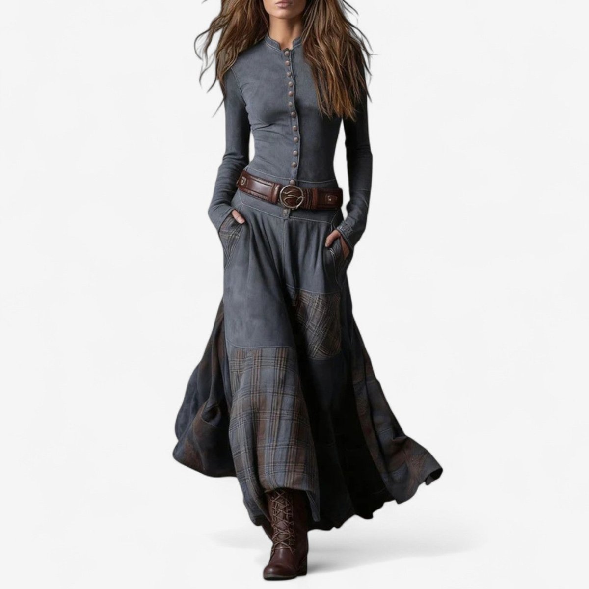 Patchwork Plaid Button Front Maxi Dress - Variant Angle | Lavisa