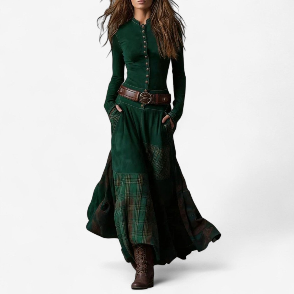 Patchwork Plaid Button Front Maxi Dress - Variant Style 8 | Lavisa