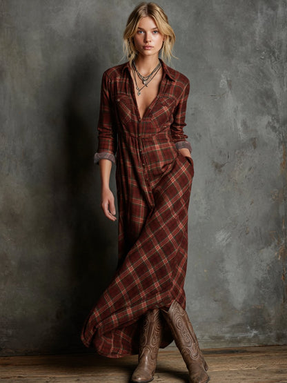 Women's Plaid Flannel Maxi Shirt Formal Dresses Long Sleeve - Front View | Lavisa