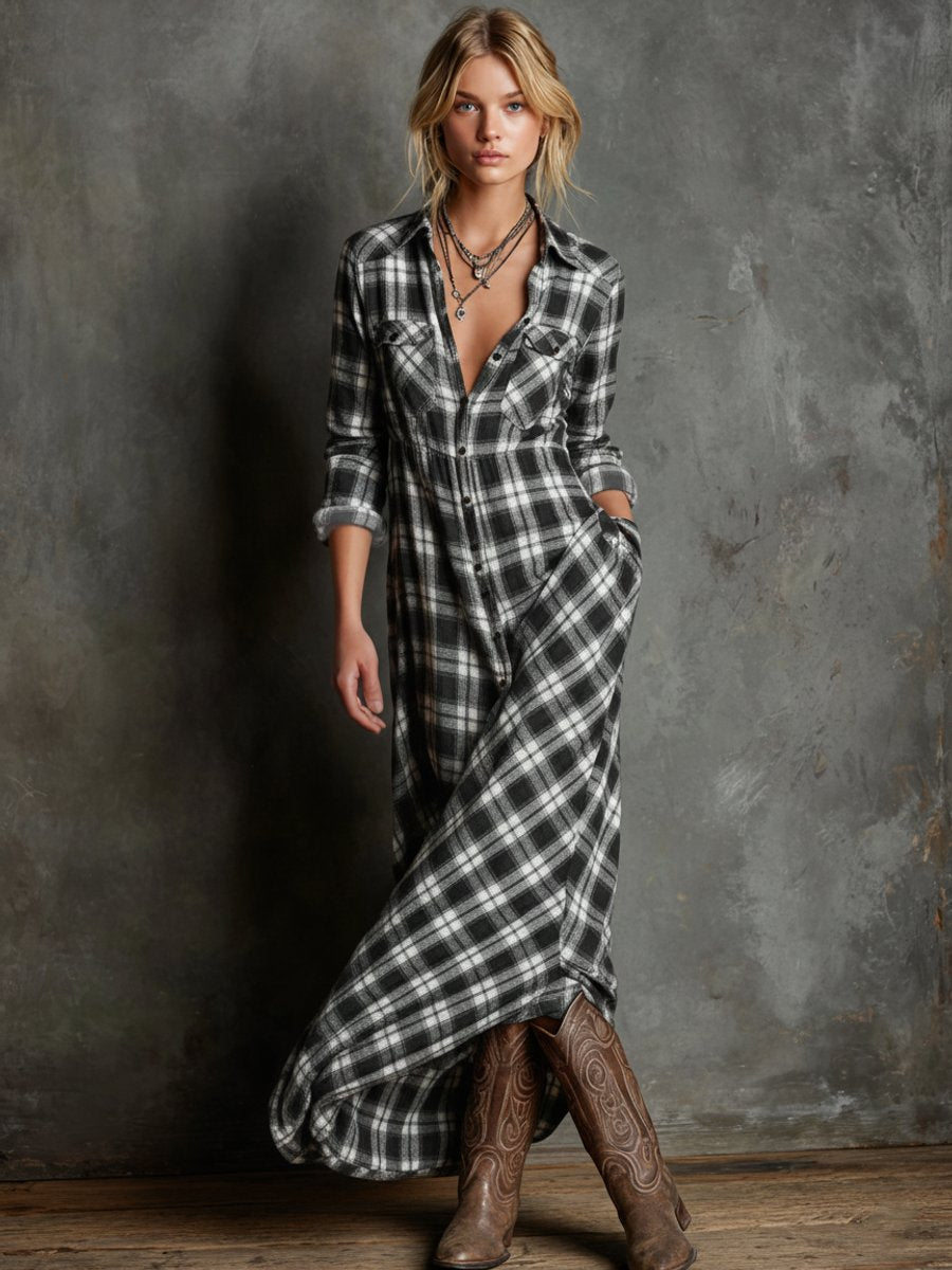 Women's Plaid Flannel Maxi Shirt Formal Dresses Long Sleeve - Side Angle | Lavisa