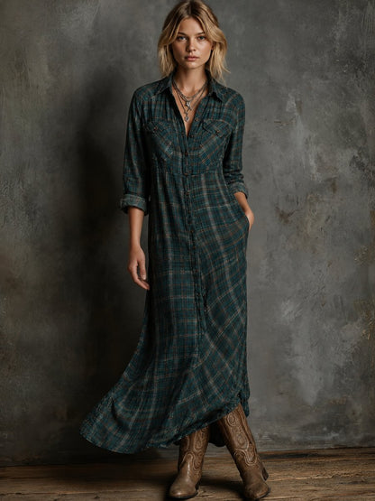 Women's Plaid Flannel Maxi Shirt Formal Dresses Long Sleeve - Back View | Lavisa