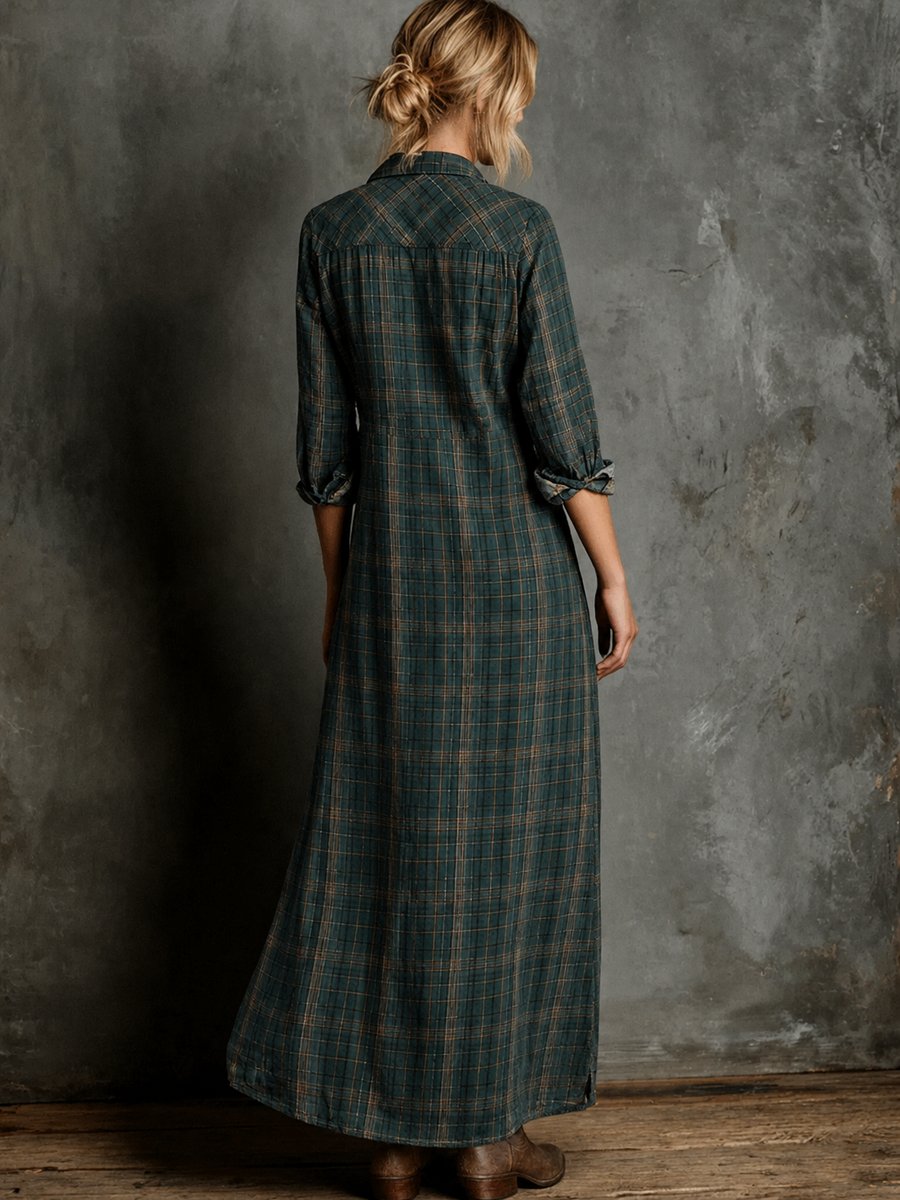 Women's Plaid Flannel Maxi Shirt Formal Dresses Long Sleeve - Close-Up Texture & Detail | Lavisa