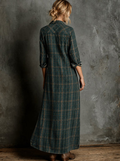 Women's Plaid Flannel Maxi Shirt Formal Dresses Long Sleeve - Close-Up Texture & Detail | Lavisa