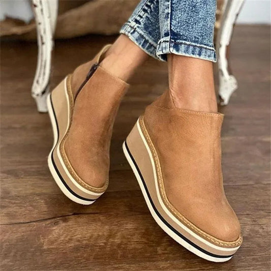 Lavisa - Womens Platform Wedge Zip Up Leather Ankle Boots Comfort Shoes