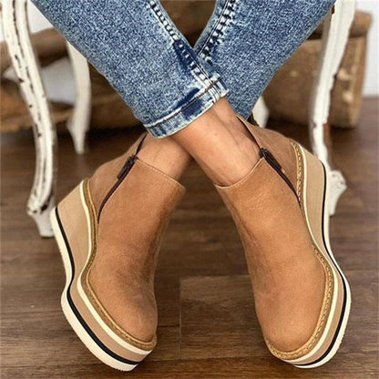 Womens Platform Wedge Zip Up Leather Ankle Boots Comfort Shoes - Side Angle | Lavisa