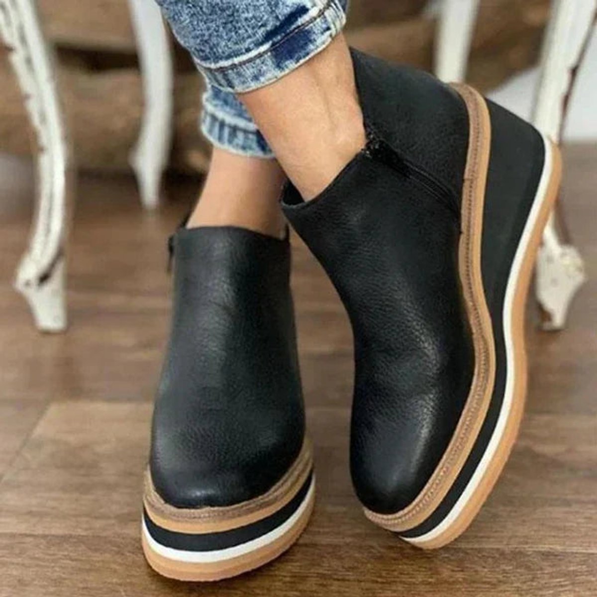 Womens Platform Wedge Zip Up Leather Ankle Boots Comfort Shoes - Back View | Lavisa