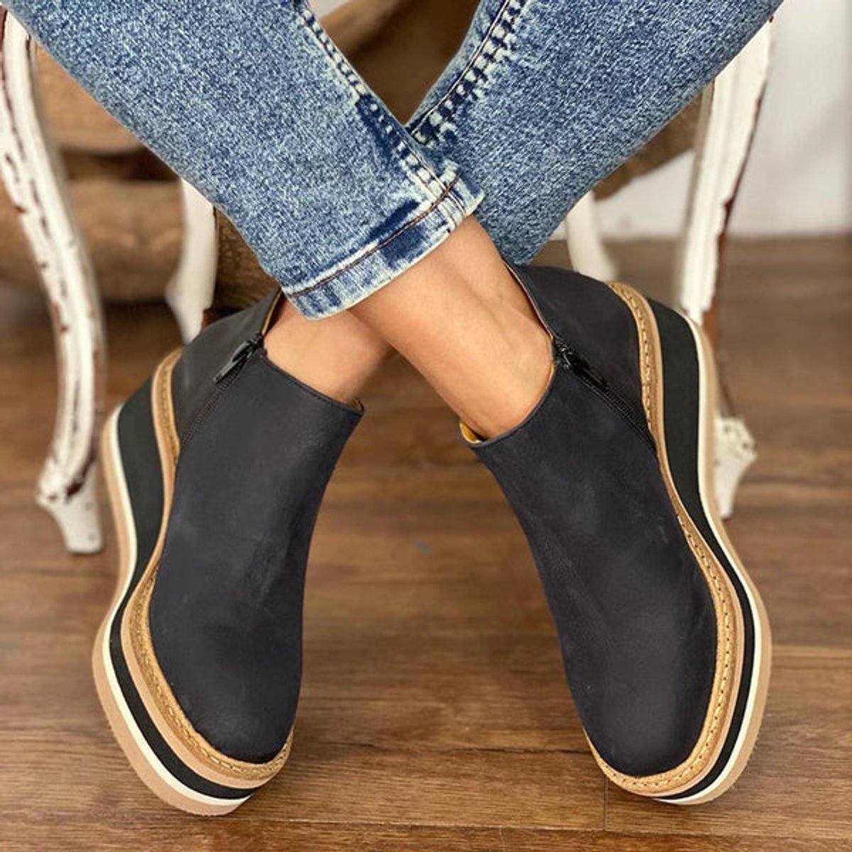 Womens Platform Wedge Zip Up Leather Ankle Boots Comfort Shoes - Close-Up Texture & Detail | Lavisa