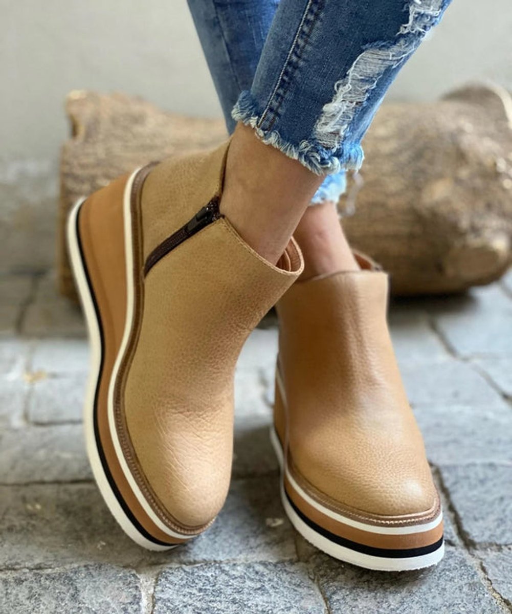 Womens Platform Wedge Zip Up Leather Ankle Boots Comfort Shoes - Sole & Material View | Lavisa