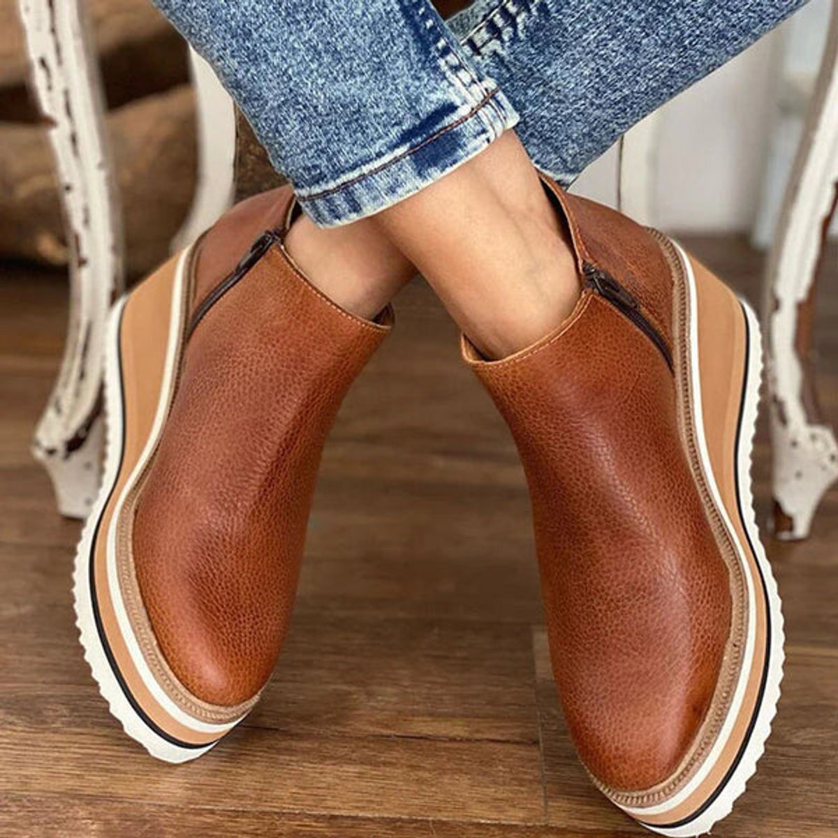 Womens Platform Wedge Zip Up Leather Ankle Boots Comfort Shoes - Lifestyle & Model Angle | Lavisa