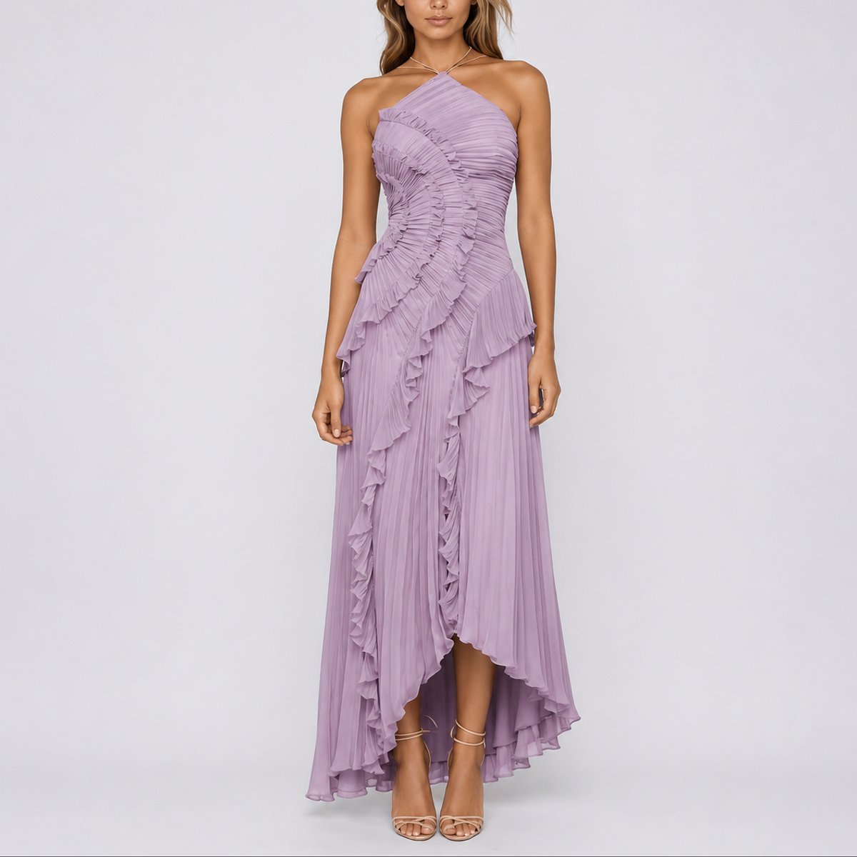 Women's Pleated Ruffle Halter Maxi Fall Wedding Guest Dresses - Front View | Lavisa