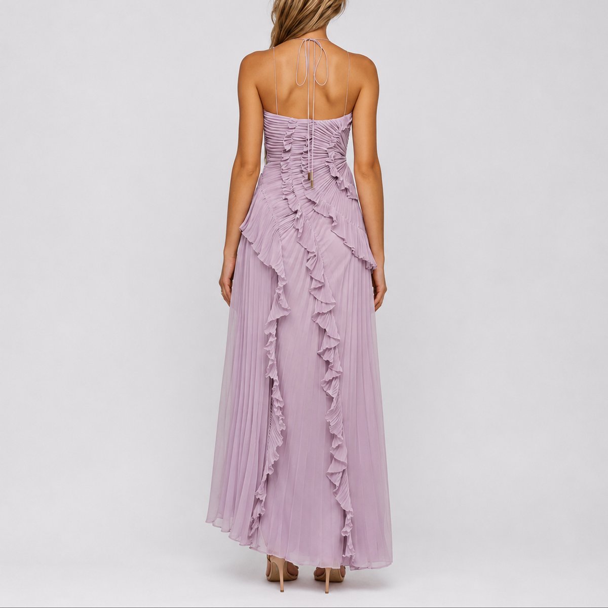 Women's Pleated Ruffle Halter Maxi Fall Wedding Guest Dresses - Side Angle | Lavisa