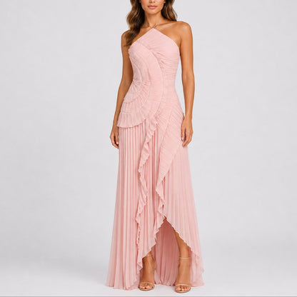 Women's Pleated Ruffle Halter Maxi Fall Wedding Guest Dresses - Back View | Lavisa
