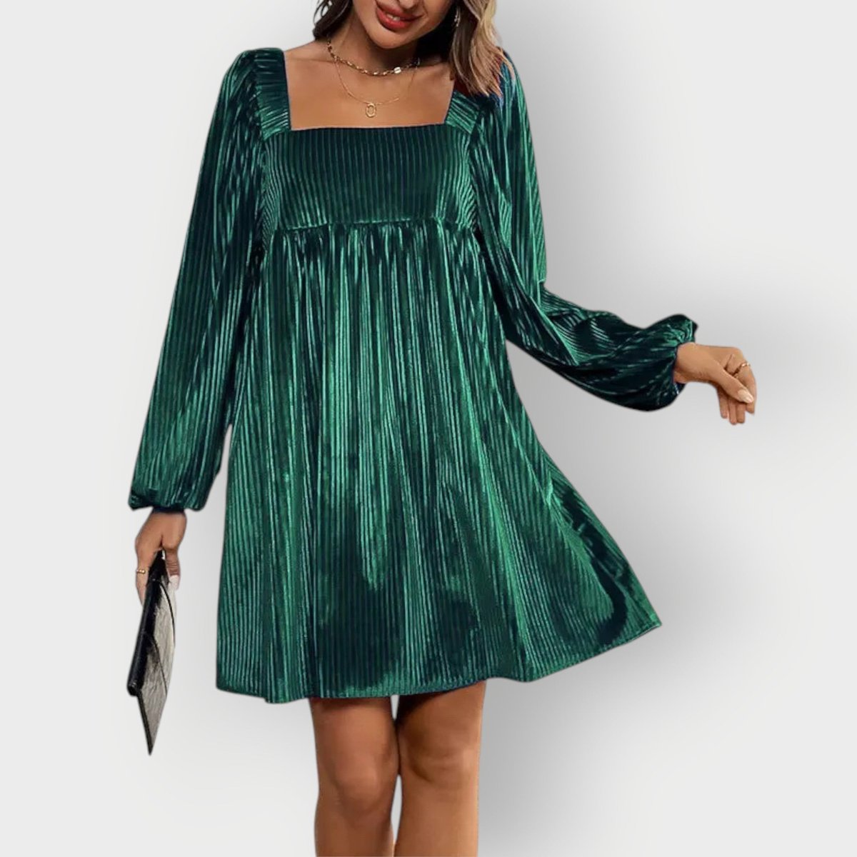 Women's Pleated Velvet Square-Neck Long-Sleeve Formal Dresses - Front View | Lavisa