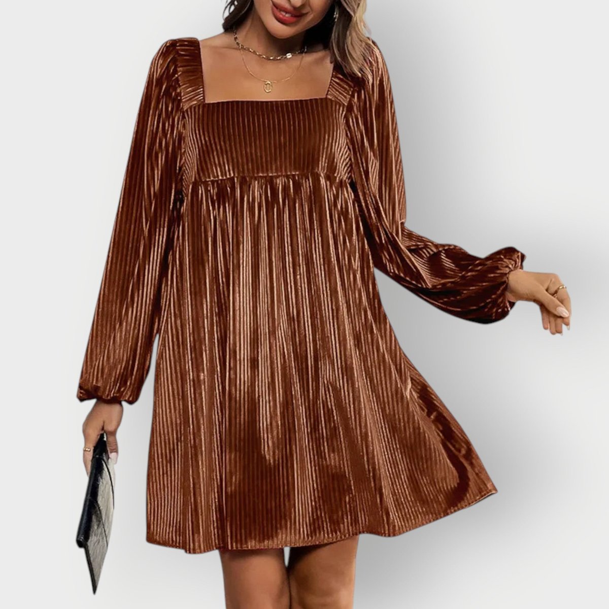 Women's Pleated Velvet Square-Neck Long-Sleeve Formal Dresses - Back View | Lavisa