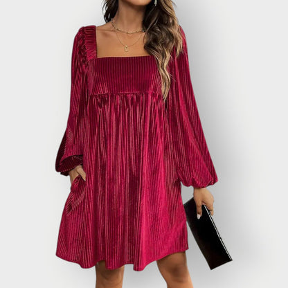 Women's Pleated Velvet Square-Neck Long-Sleeve Formal Dresses - Lifestyle & Model Angle | Lavisa