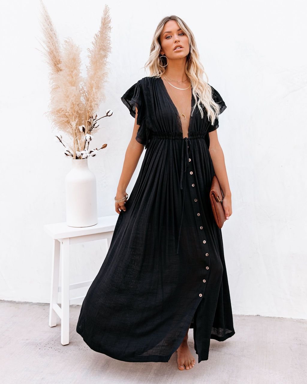 Lavisa - Women's Plunging V-Neck Button-Front Flutter-Sleeve Maxi Dress